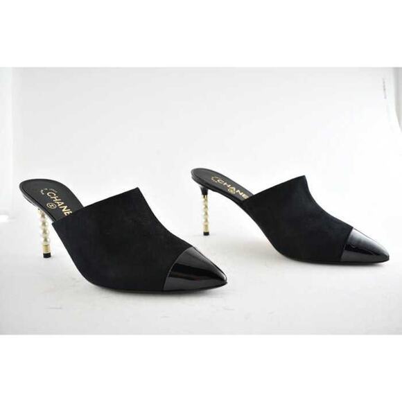 Chanel 20C Paris In Rome Pearl Black Suede Patent CC Mule Slide Heel Pump 36.5 - Picture 2 of 8